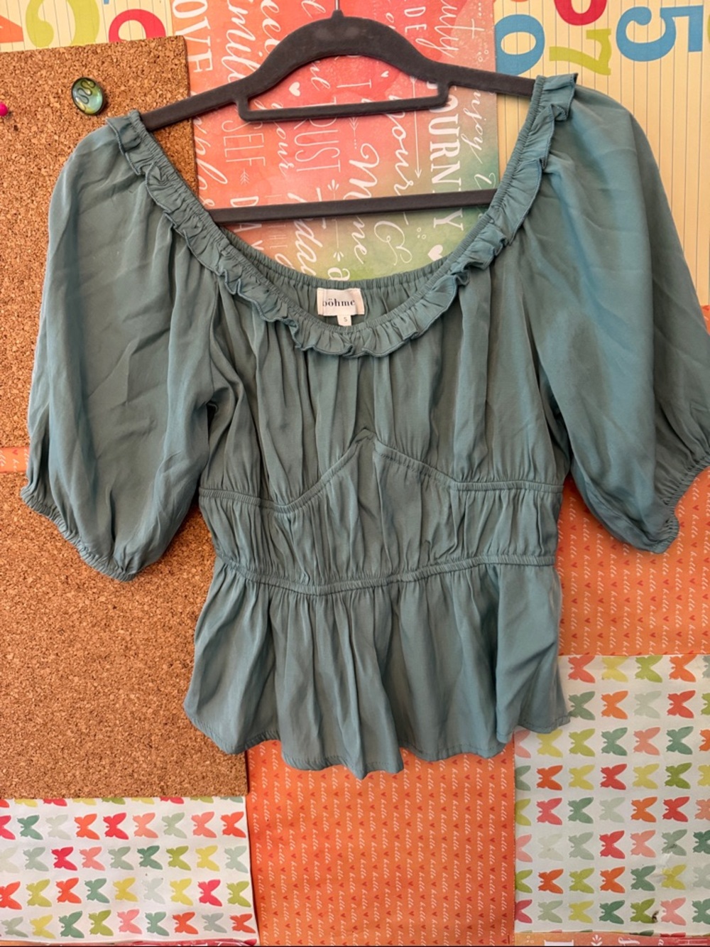 bohme Teal Puff-Sleeve Peplum Blouse
